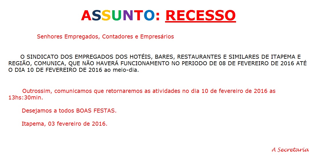 ASSUNTO: RECESSO CARNAVAL