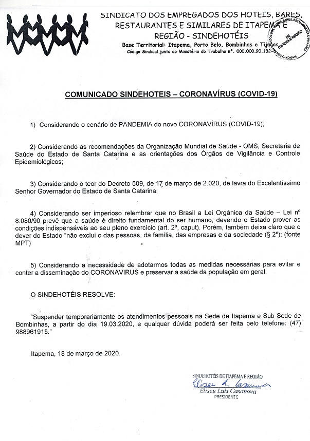 COMUNICADO SINDEHOTÉIS CORONAVÍRUS