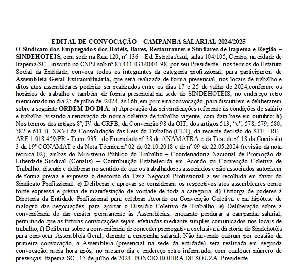 CAMPANHA SALARIAL 2024/2025 - SINDICATO DOS EMPREGADOS DOS HOTÉIS, BARES, RESTAURANTES E SIMILARES DE ITAPEMA E REGIÃO – SINDEH