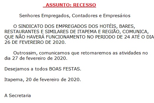 RECESSO CARNAVAL 2020