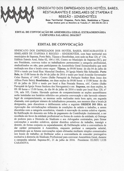 EDITAL DE PUBLICAÇÃO ASSEMBLÉIA GERAL EXTRAORDINÁRIA DA CAMPANHA SALARIAL 2016/2017