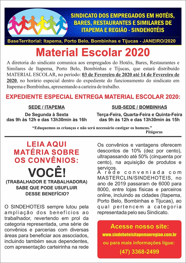 MATERIAL ESCOLAR 2020 - SÓCIOS SINDICATO - RESCISÃO CONTRATO DE TRABALHO