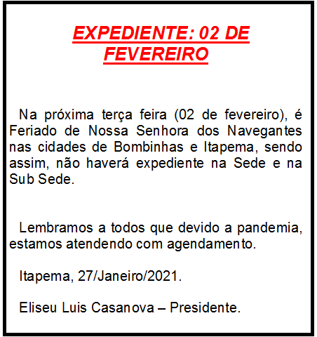 02 DE FEVEREIRO - FERIADO MUNICIPAL EM ITAPEMA E BOMBINHAS - DIA DE NOSSA SENHORA DOS NAVEGANTES