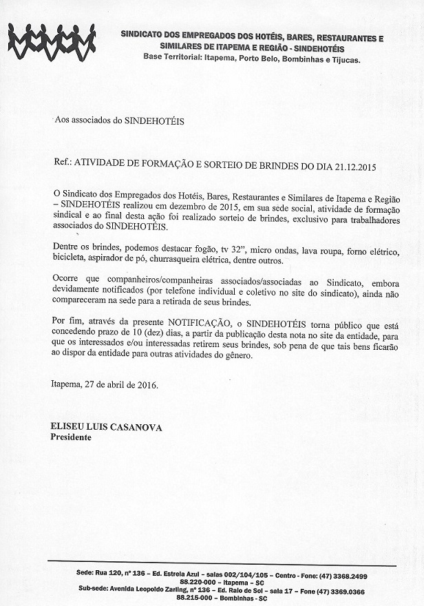 REFERENTE: ATIVIDADE DE FORMAÇÃO E SORTEIO DE BRINDES DO DIA 21.12.2015.